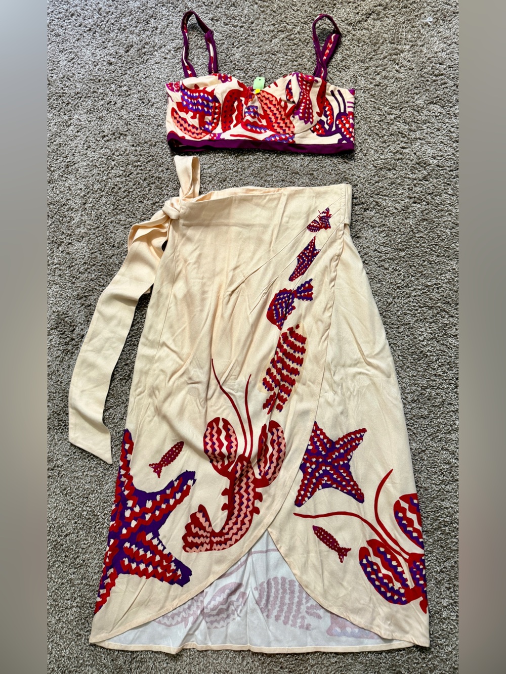 FARM Rio Cream Wrap Skirt with Red & Purple Sea Life Print